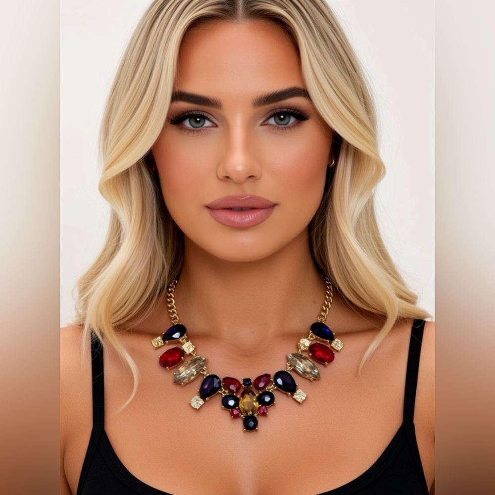 Bold Gold Tone‎ Statement Bib Necklace Red Blue Amber Rhinestones Glam